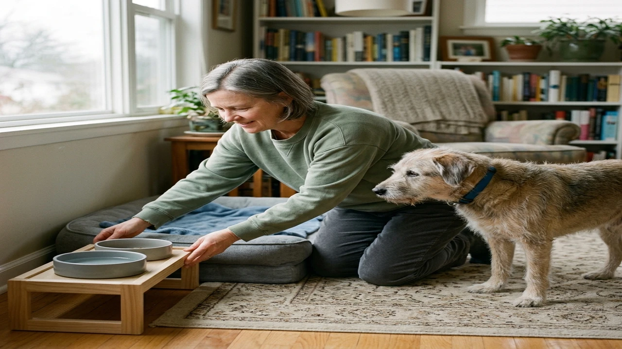 Owner arranging a low resting area and accessible water bowl for a different older dog.