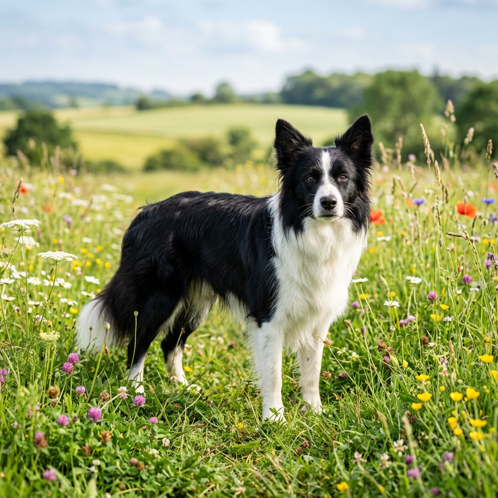 Border Collie in a green field with alert intelligent expression