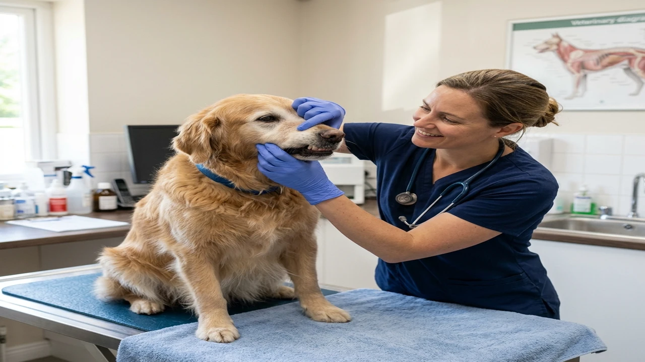 Veterinarian gently examining the mouth of a calm senior dog in a professional clinic.