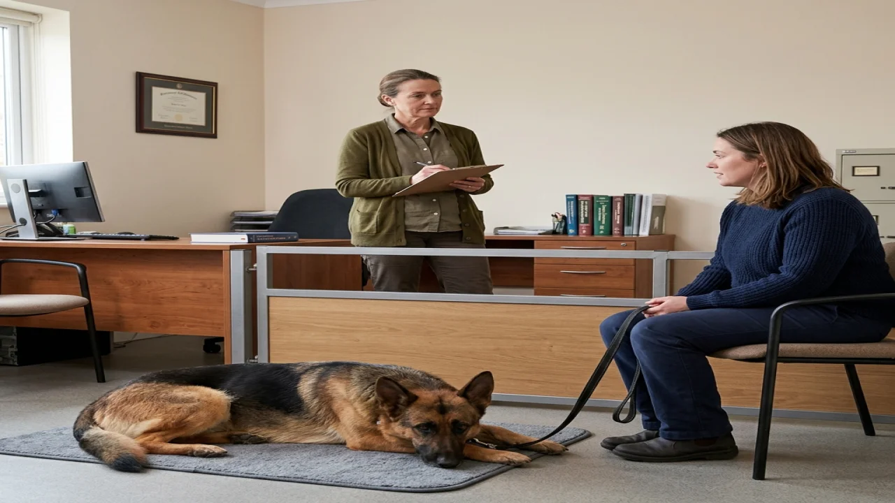 An alert dog behind a secure barrier while a qualified professional observes from a safe distance, no attack or exposed teeth.