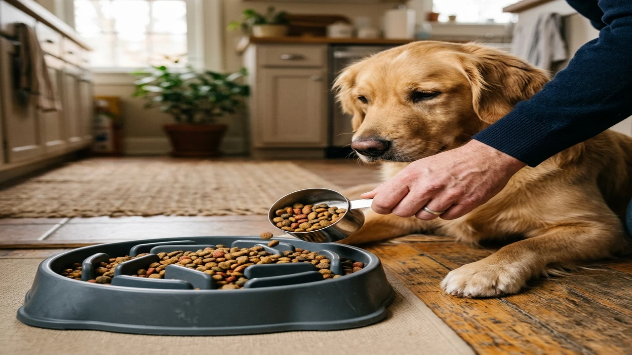 Owner placing a measured meal into an unbranded slow-feeder bowl.