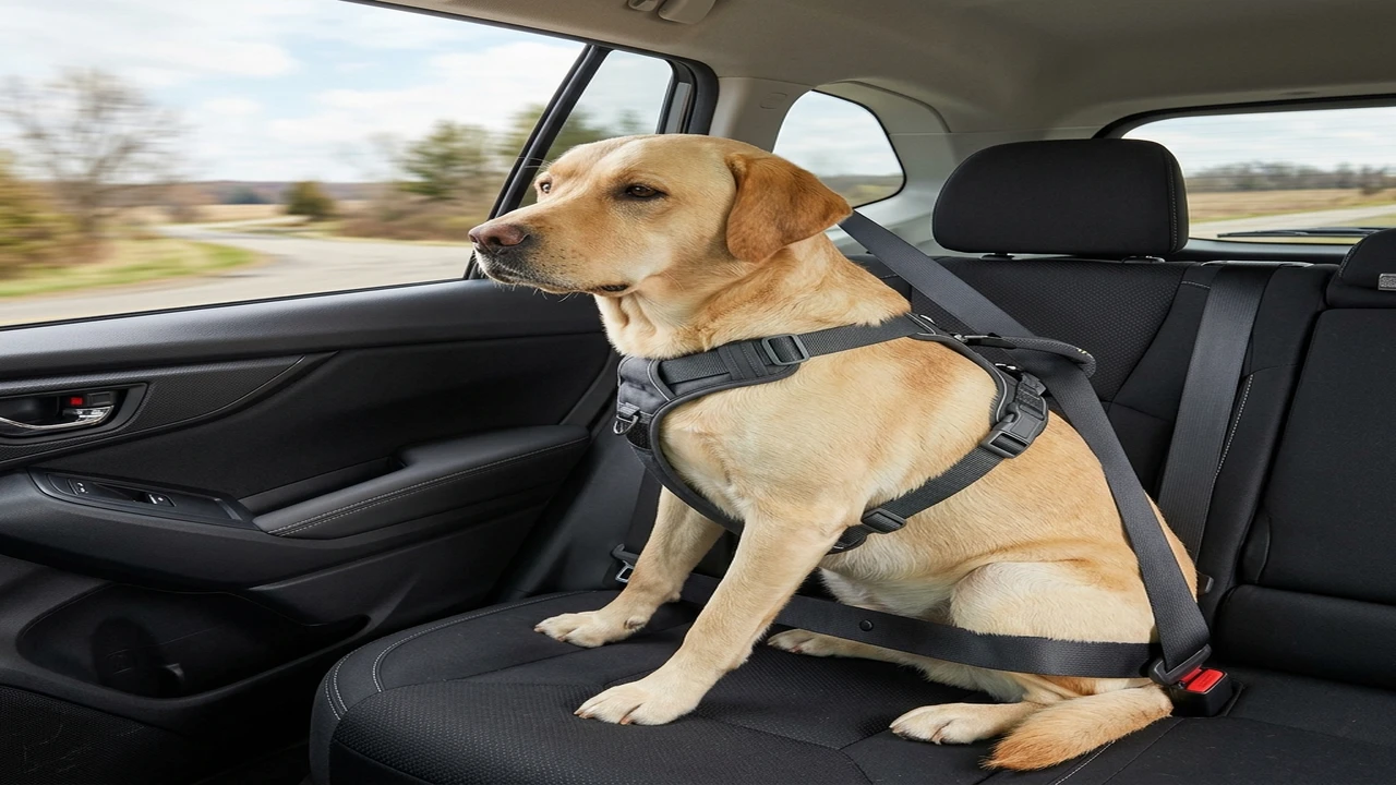 Dog correctly secured in the rear seat using an unbranded travel restraint.