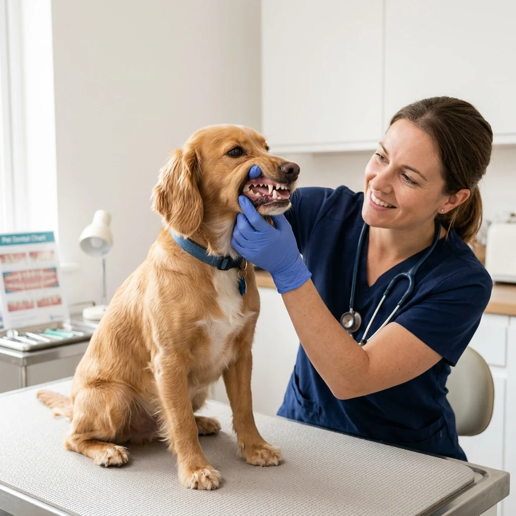 Veterinarian checking a dog's teeth and gums during a dental examination