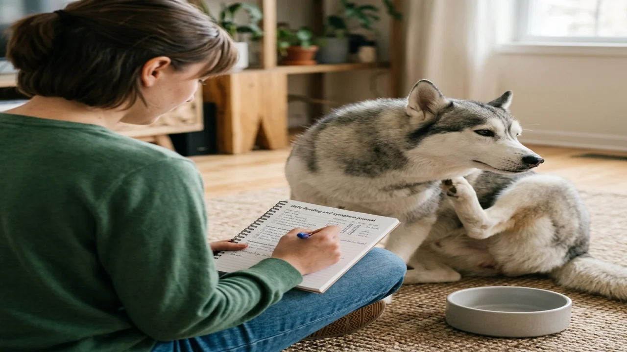 A veterinarian examining the healthy-looking skin and coat of an itchy dog while speaking with its owner.