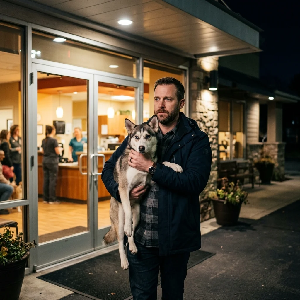 Owner arriving at an emergency veterinary clinic with a dog