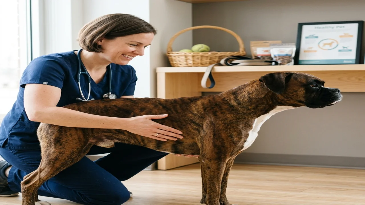 An owner measuring a dog’s meal while a healthy adult dog stands nearby, bright kitchen and active-lifestyle equipment in the background.