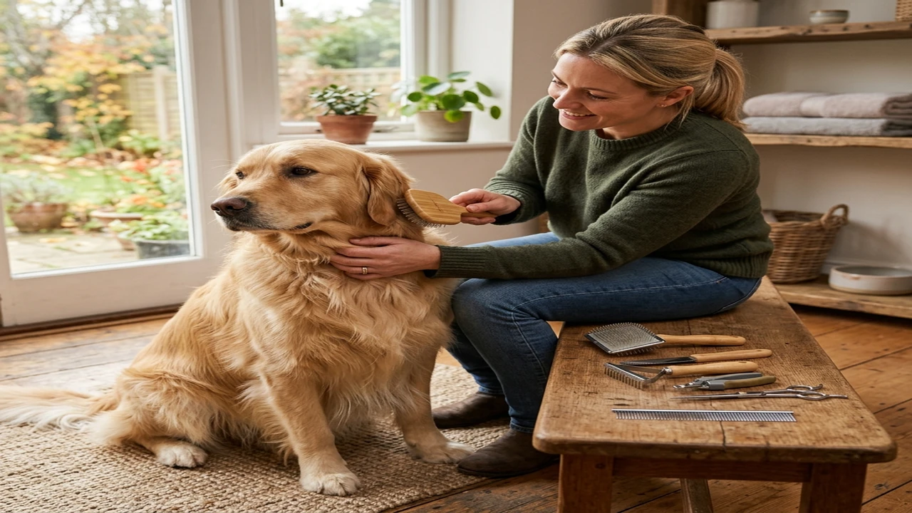 Owner gently brushing a long-haired dog beside organized, unbranded grooming tools.