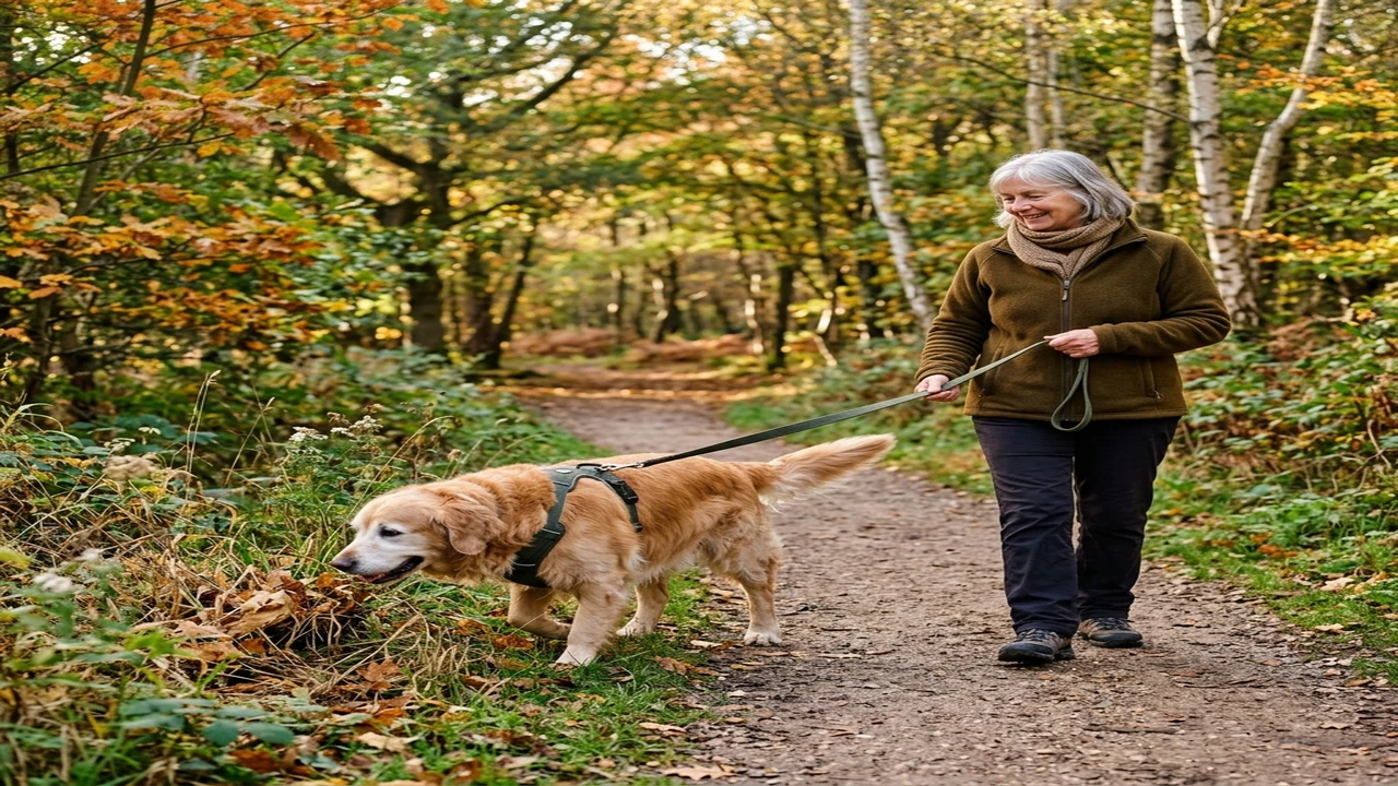 Healthy senior dog enjoying a calm sniffing walk with its owner on a level nature path.