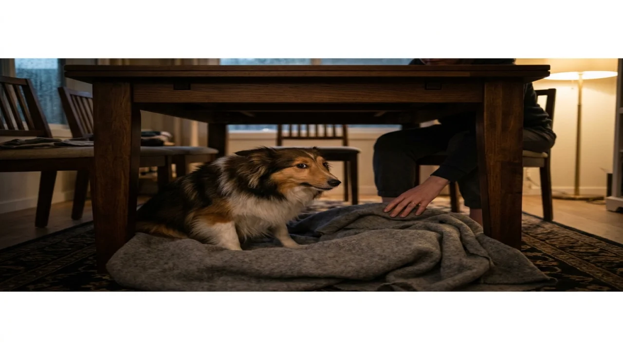A worried dog seeking space during distant thunder while its owner creates a quiet, comfortable resting area.