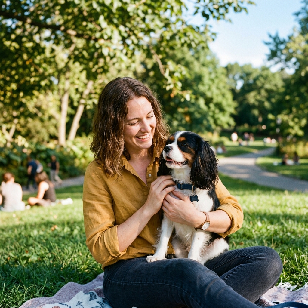 First-time dog owner smiling with a calm friendly dog in a sunny park