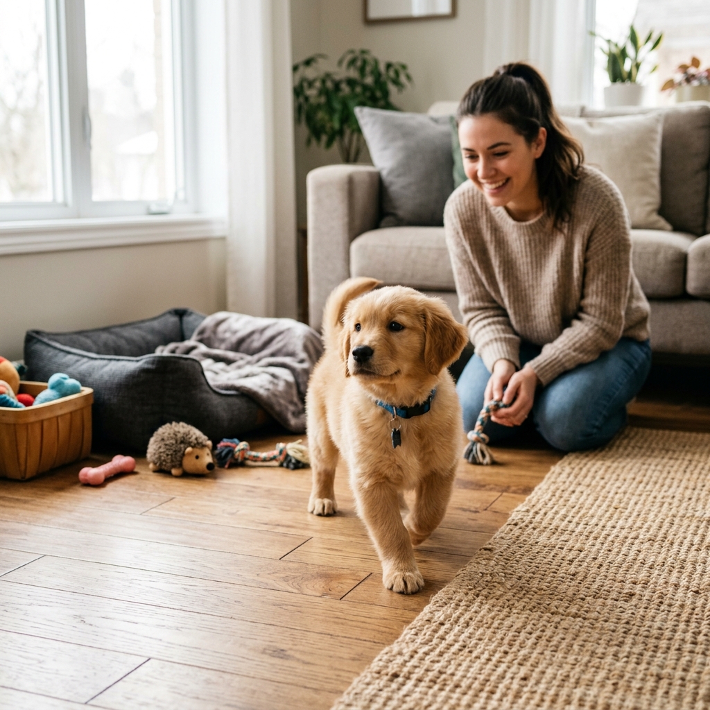 New puppy exploring a bright home with caring owner nearby and puppy bed visible