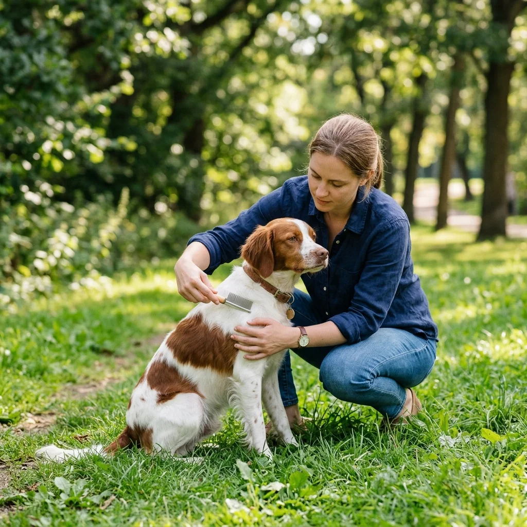Owner checking a dog's coat for fleas and ticks