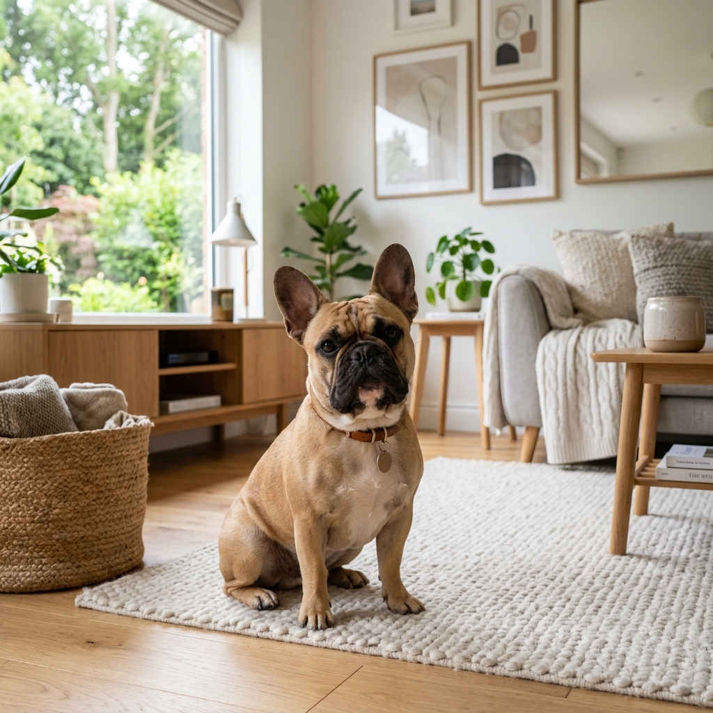 French Bulldog sitting in a bright modern home living room