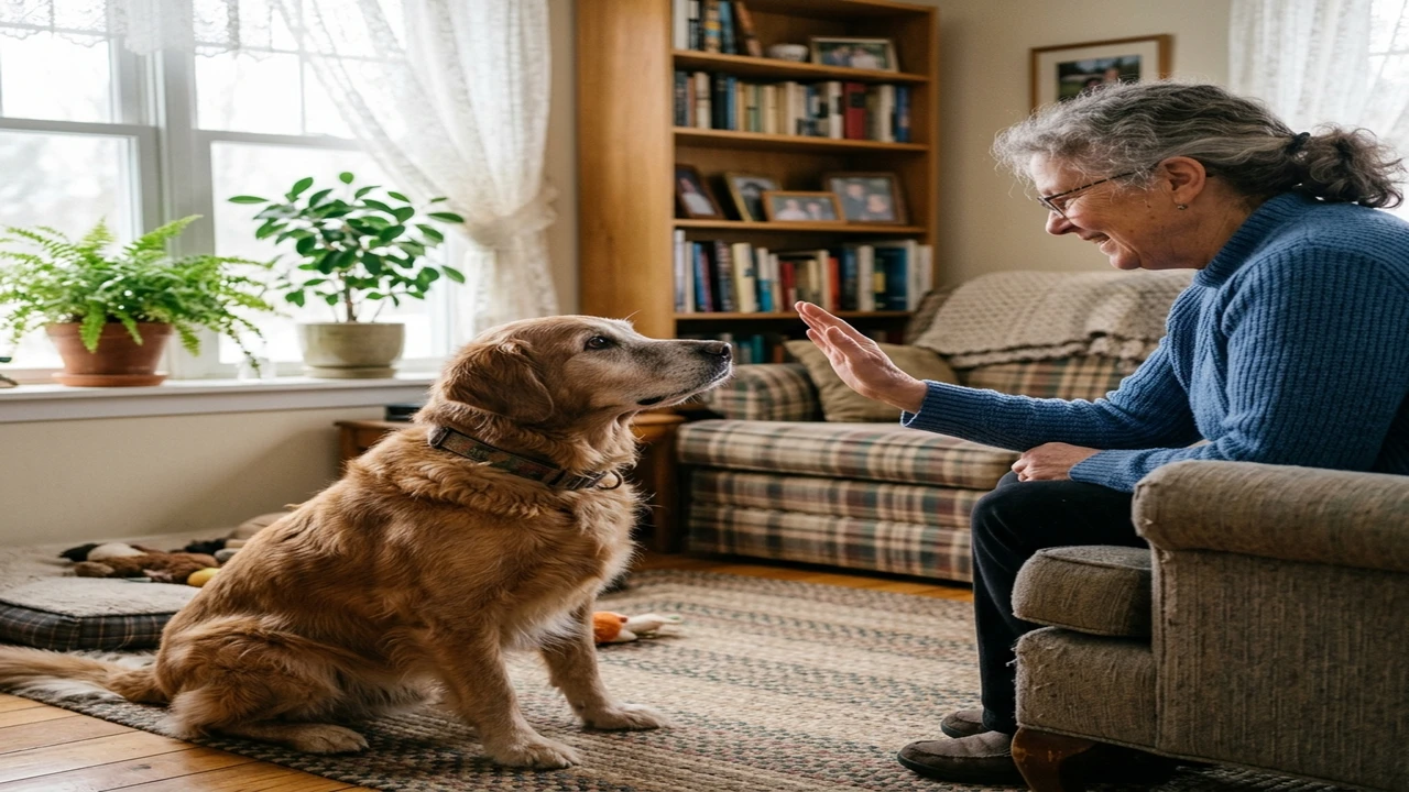 Senior dog responding to a gentle hand signal from its owner in a familiar room.