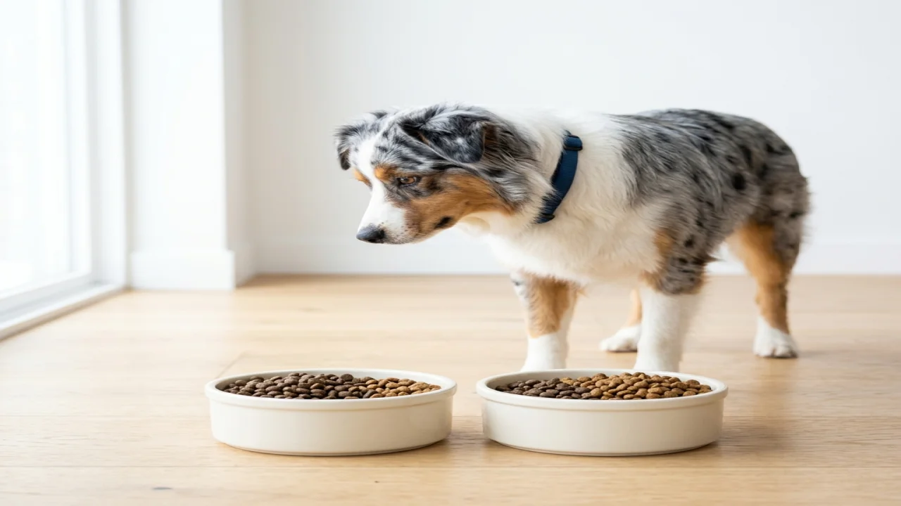 Owner gradually mixing two visibly different types of unbranded kibble in measured proportions while a dog waits nearby.