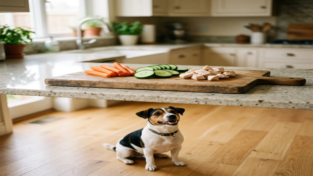 Dog sitting at a safe distance while its owner prepares plain dog-safe foods on a kitchen counter, no dangerous foods within reach.