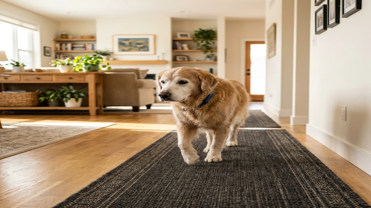 Senior dog walking confidently across nonslip runners in a bright home with clear pathways.