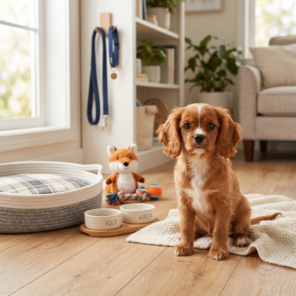 Happy new puppy surrounded by essential supplies in a bright welcoming home