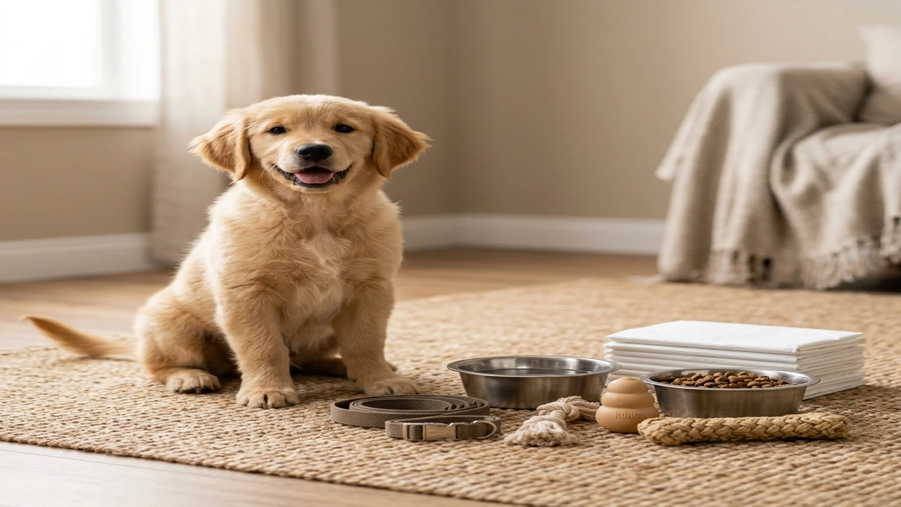 Golden Retriever puppy beside an organized collection of unbranded essential supplies.
