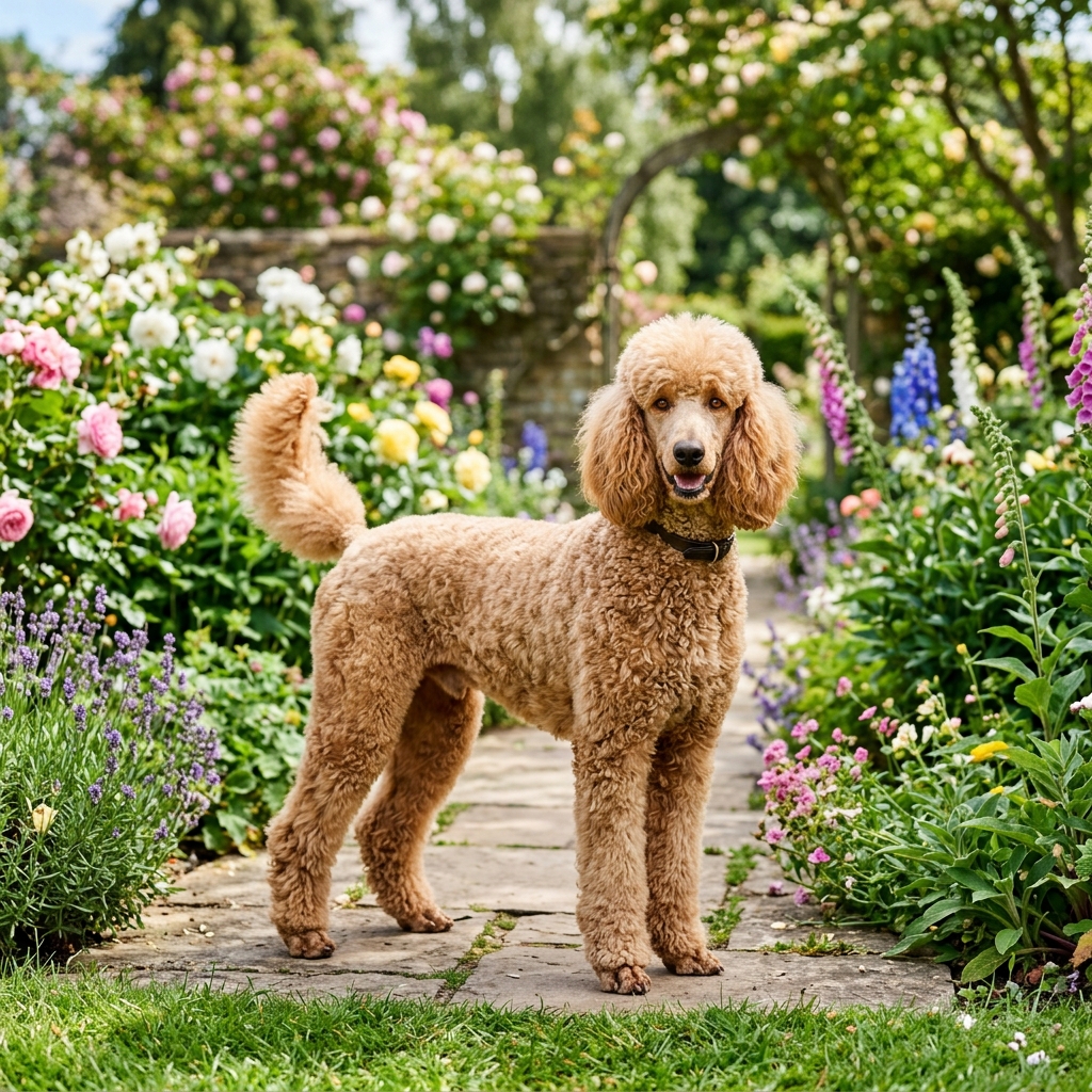 Elegant Poodle in a beautiful outdoor garden setting