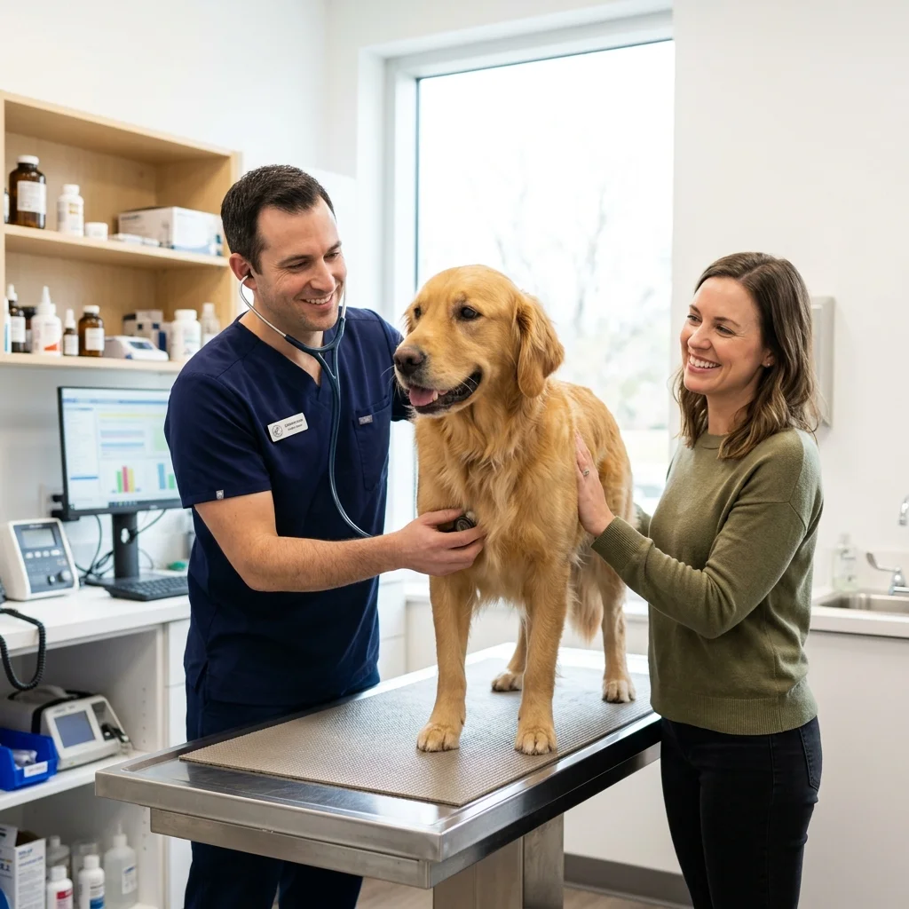 Healthy dog receiving a preventive veterinary examination