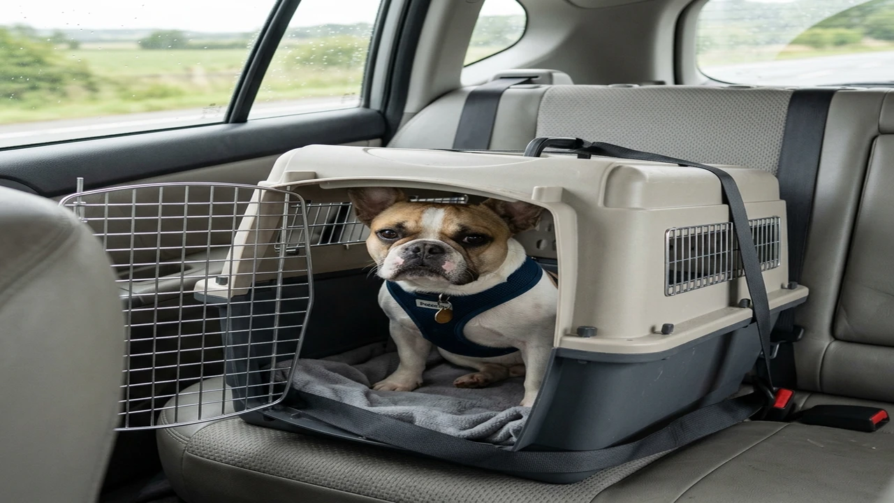Different dog inside a properly secured carrier positioned in a vehicle.