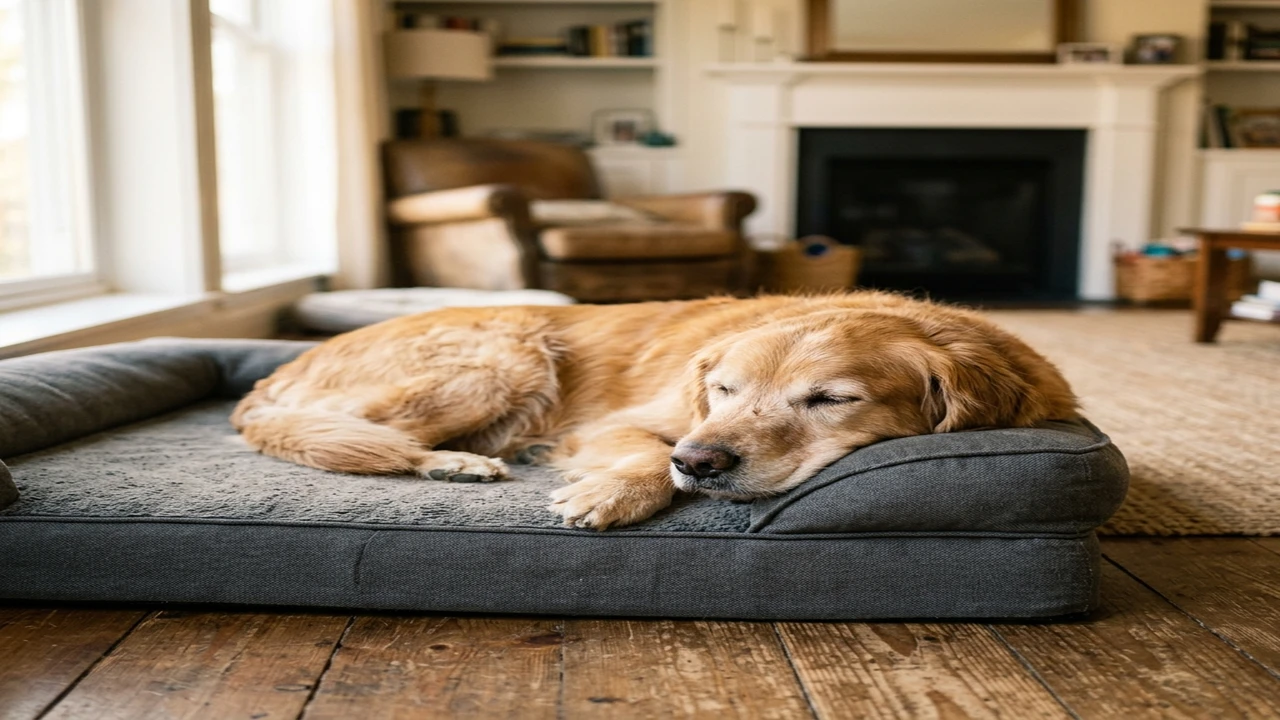 Senior dog using a wide, stable nonslip ramp under supervision.