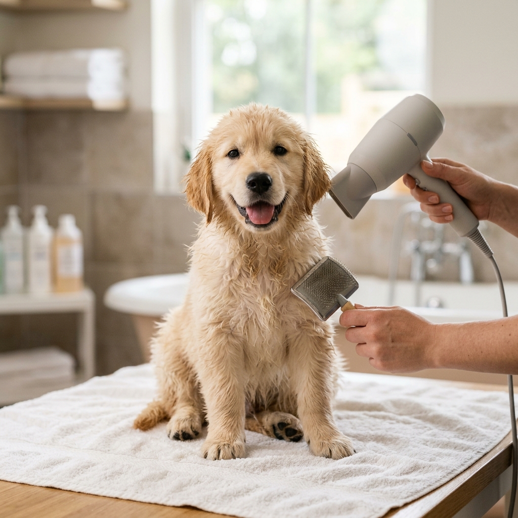 Puppy being gently brushed after a bath in a bright clean grooming area