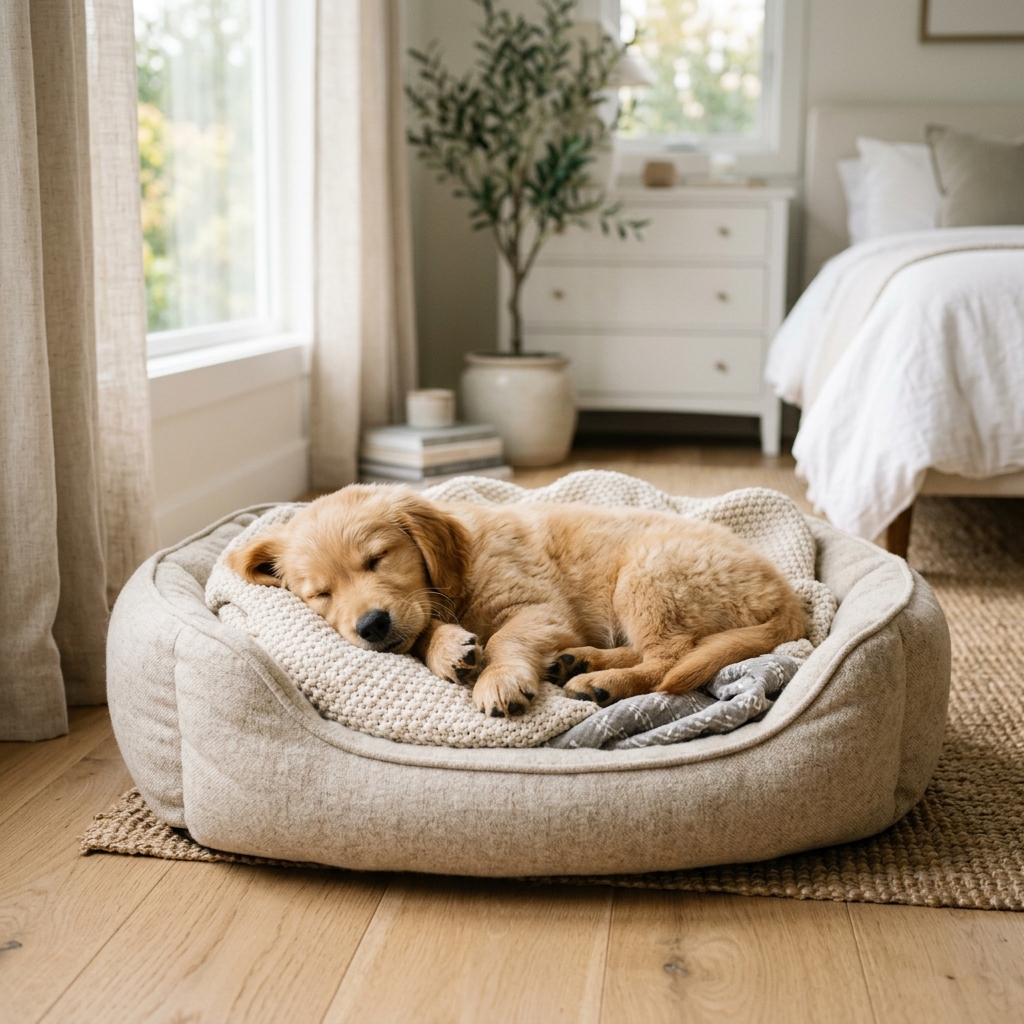 Puppy sleeping peacefully in a cozy dog bed with soft blanket and warm light