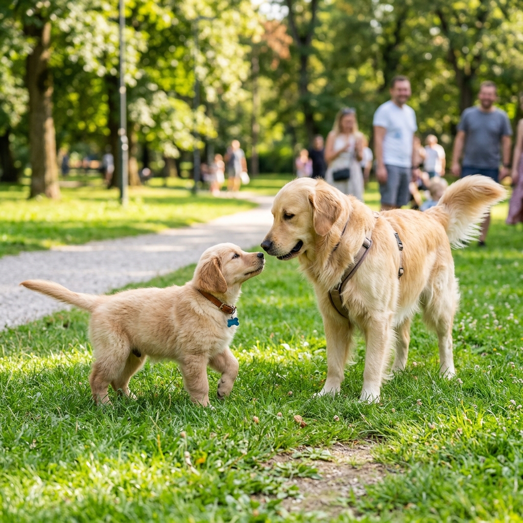 Puppy calmly meeting people and another friendly dog in a safe park setting