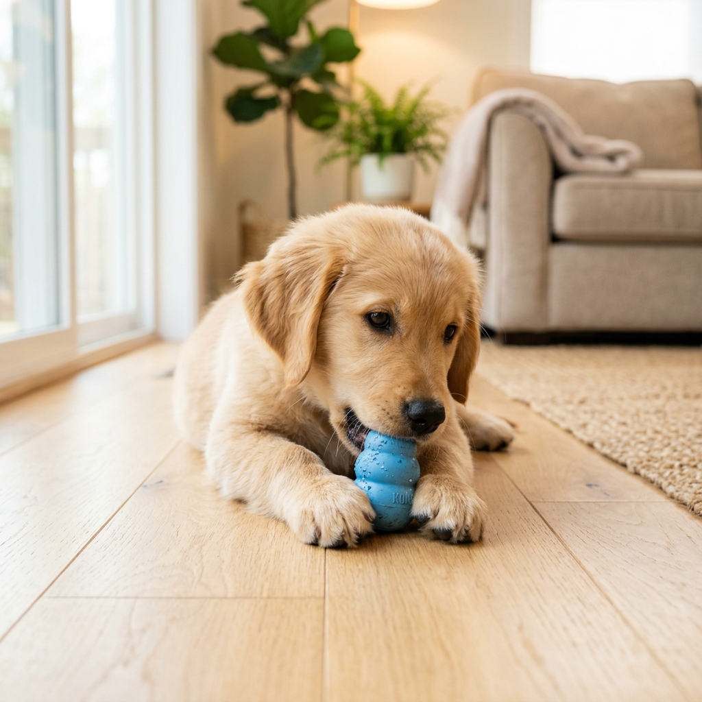 Puppy chewing a safe rubber teething toy on a clean floor in a bright home