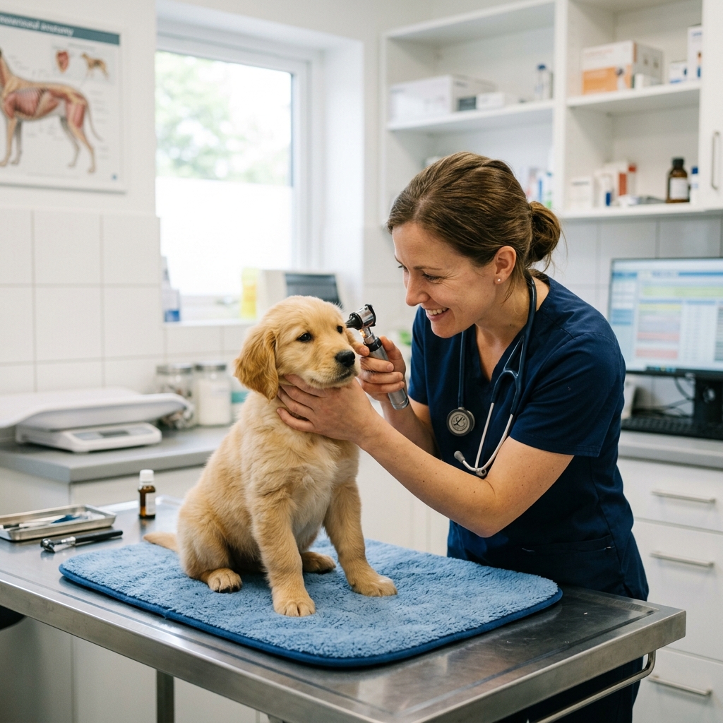 Puppy at a veterinary clinic being gently examined by a caring veterinarian