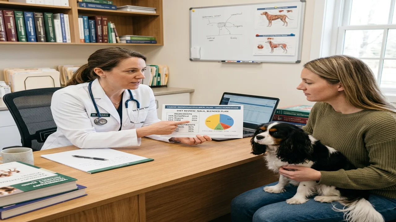 A veterinarian and dog owner discussing a customized nutrition plan at a consultation table, with no raw meat prominently displayed.