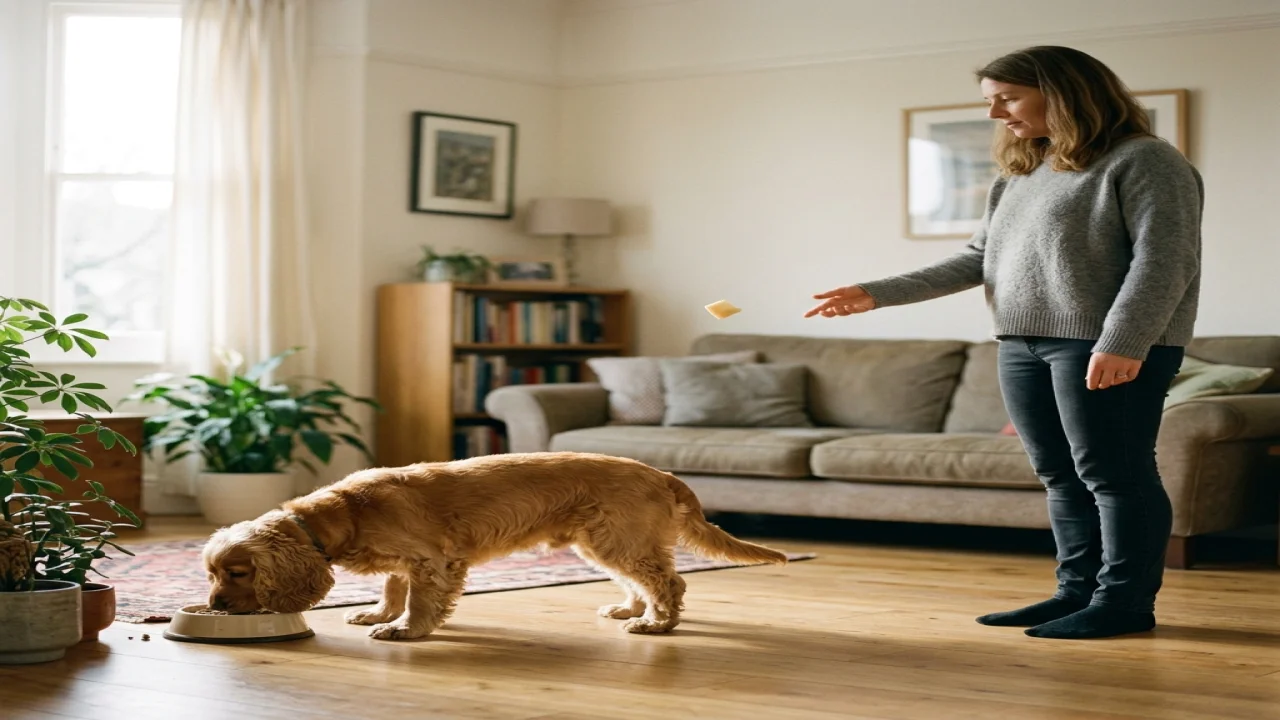 A dog calmly resting near a toy while the owner maintains respectful distance, controlled home environment.