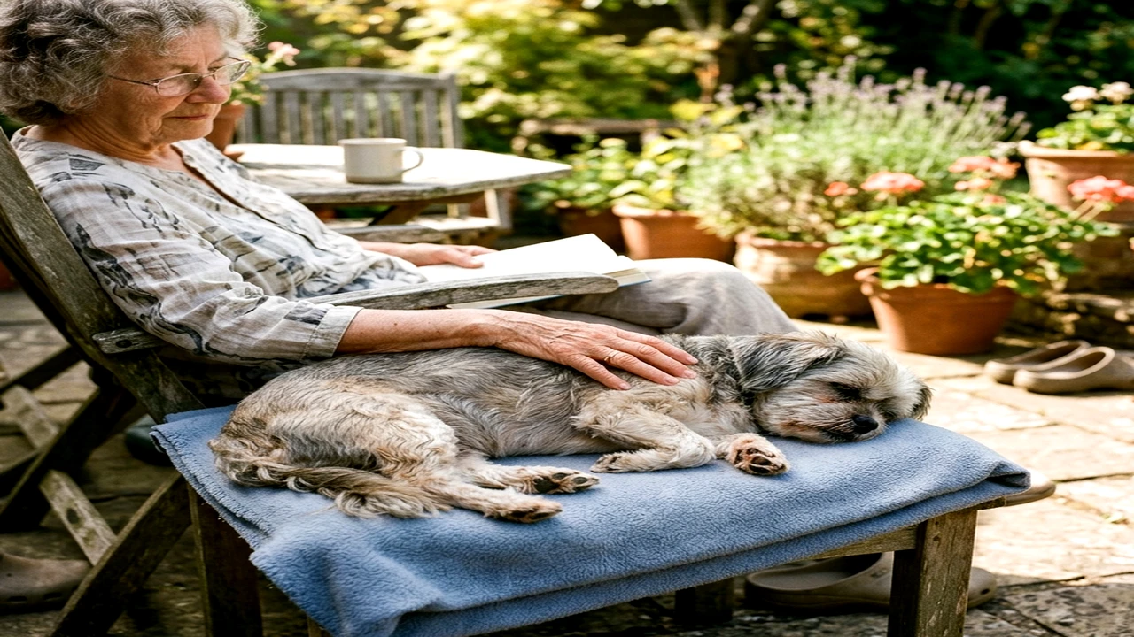 Senior dog resting comfortably beside its owner during a quiet moment at home, warm and respectful atmosphere.