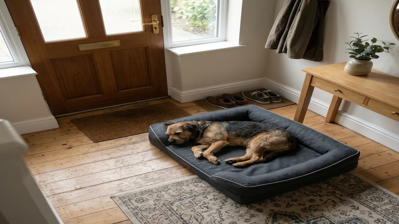 A dog resting near the front door after its owner has left, realistic home security-camera perspective, no extreme distress.