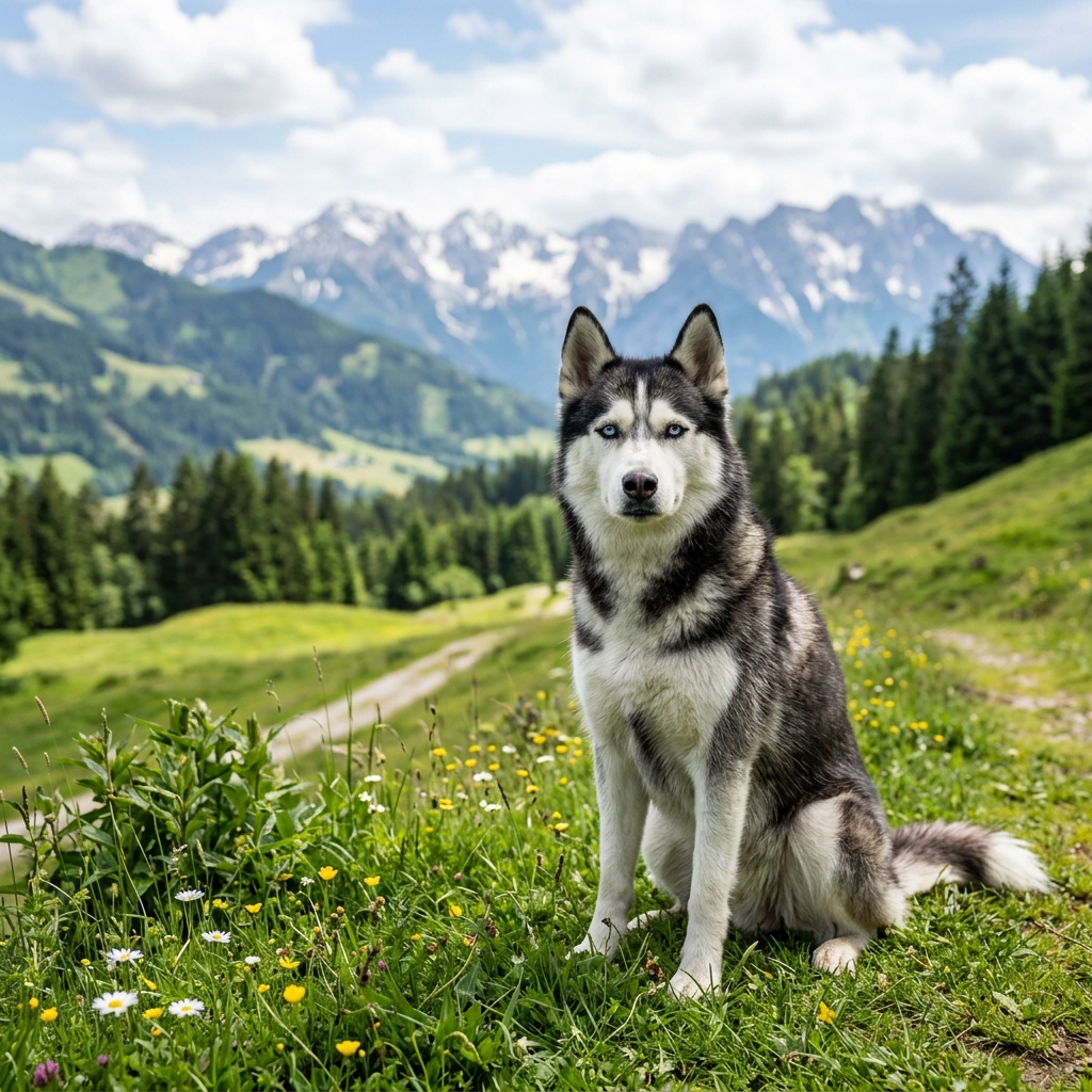 Siberian Husky with striking blue eyes in a natural landscape