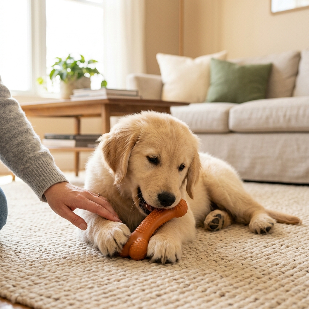 Playful puppy gently chewing a safe toy with owner hand redirecting calmly