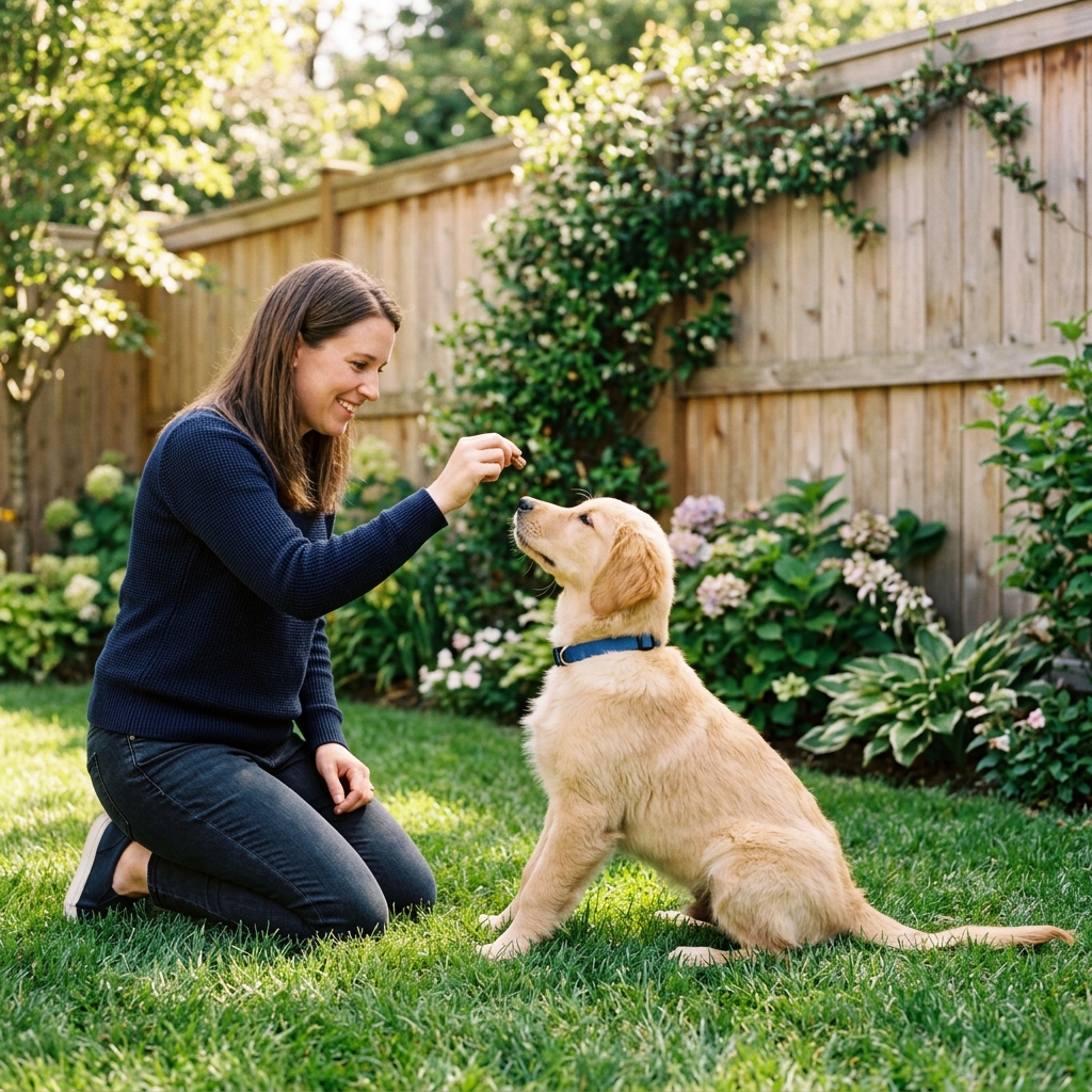 Gray-muzzled senior dog practicing a cue with its owner in a garden