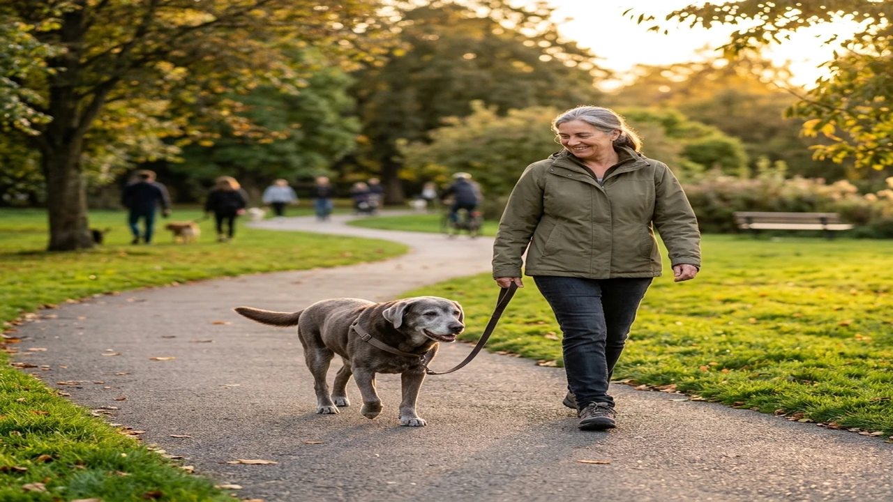 A healthy gray-muzzled Labrador walking calmly with its owner during golden-hour light in a neighborhood park.