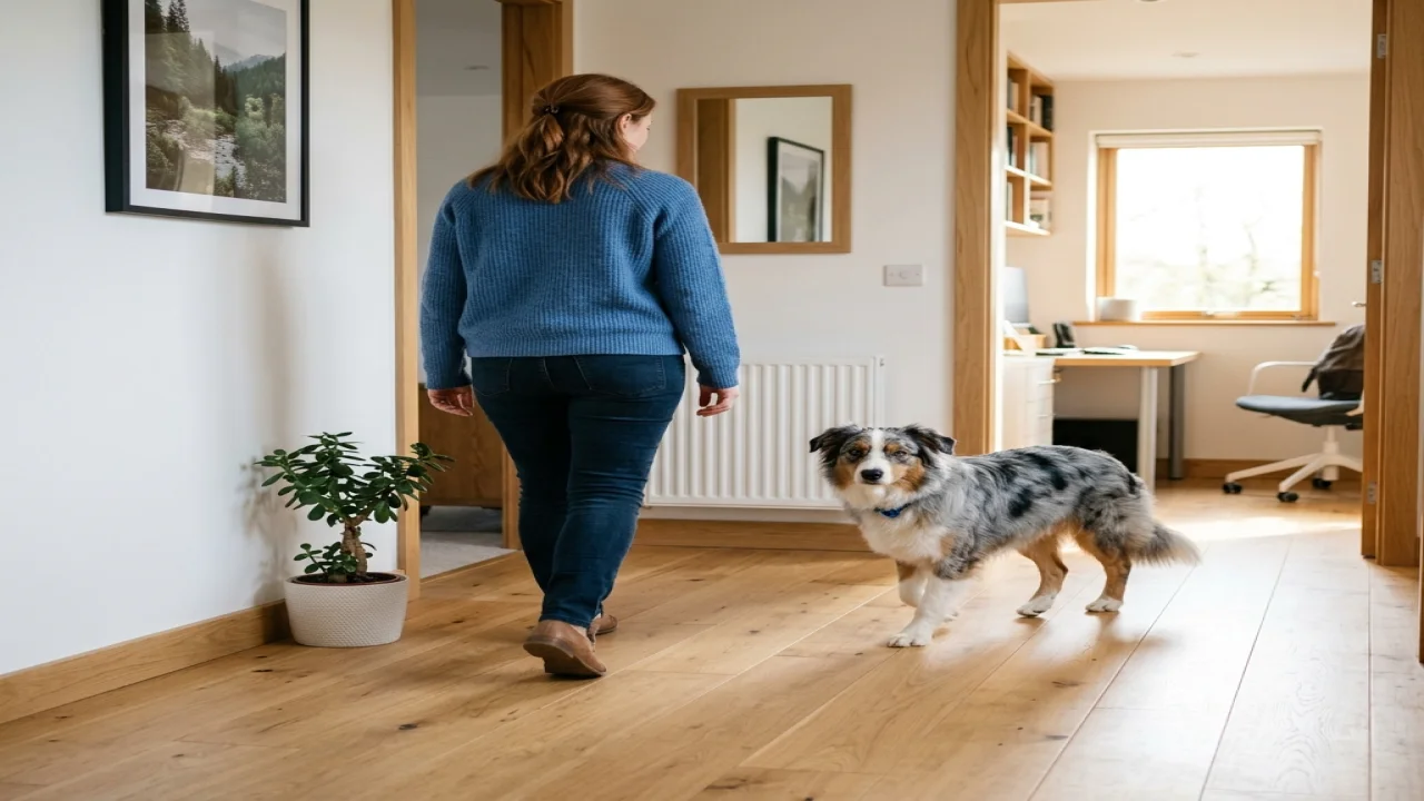 A relaxed dog naturally following its owner between rooms in a bright home.