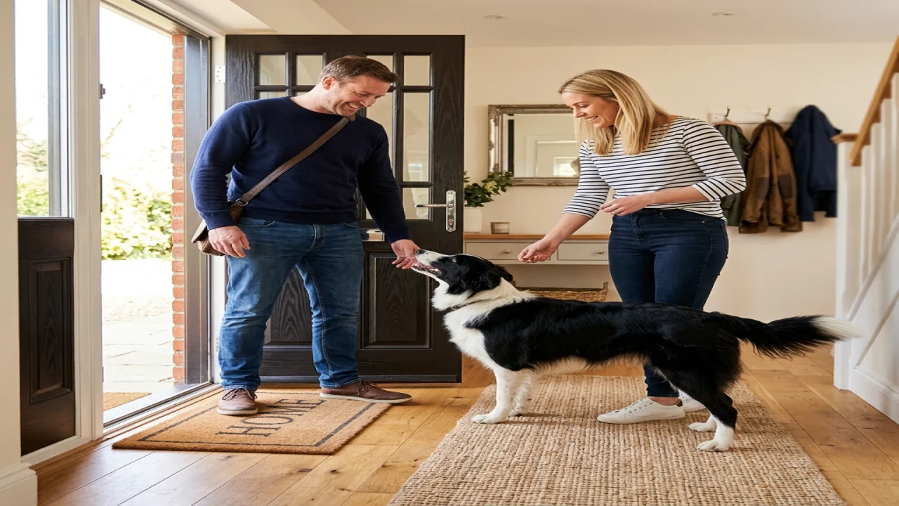 An excited Golden Retriever greeting a visitor while its owner reinforces four paws on the floor.